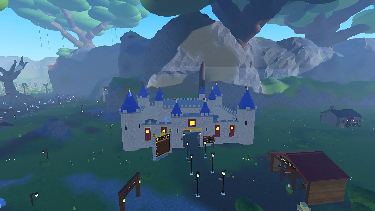 Castle Lionheart, blue-roofed towers rising from a misty valley beneath the World Tree
