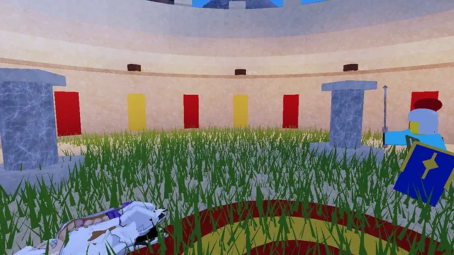 An adventurer lies face-down in the Colosseum while a knight with a blue shield walks away