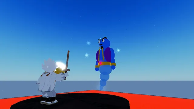 A blue genie with a curled beard floats over a lava sea, facing an adventurer holding a golden lamp