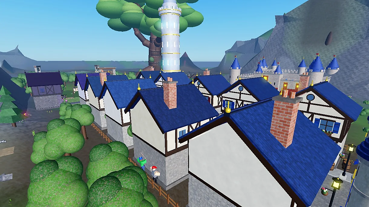 The timber-framed rooftops of Lionsgate with the White Tower and the castle beyond