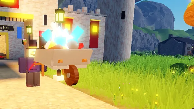 Mortimer Tithe in his top hat beside a wheelbarrow heaped with glowing diamonds and somebody's sword