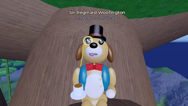 Sir Reginald Woofington, a dog in a top hat and monocle, sipping tea up a jungle tree