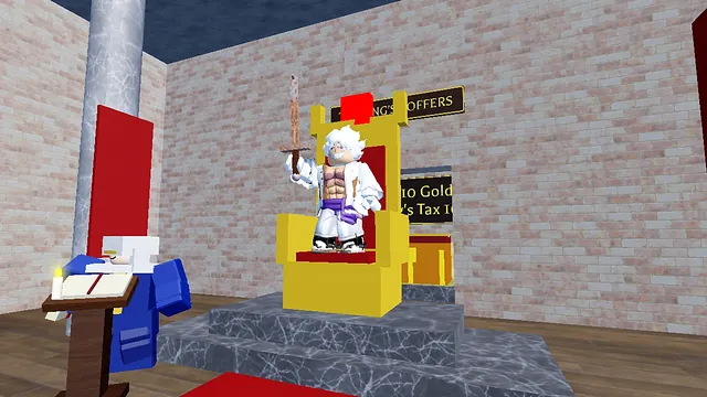 An adventurer stands on the golden throne with a sword raised, beside the Lawmaker's lectern